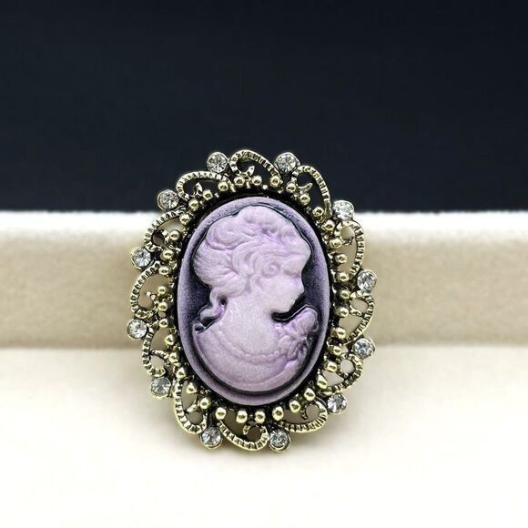 Yellow Gold and Purple with Diamond Crystal Victorian Lady Cameo Pin Back Brooch - Picture 3 of 7
